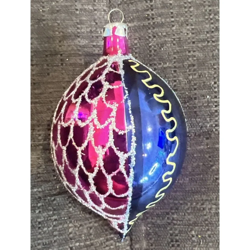 Hand Painted Blown Glass Spire Purple & Blue With Glitter Vintage Christmas Orna